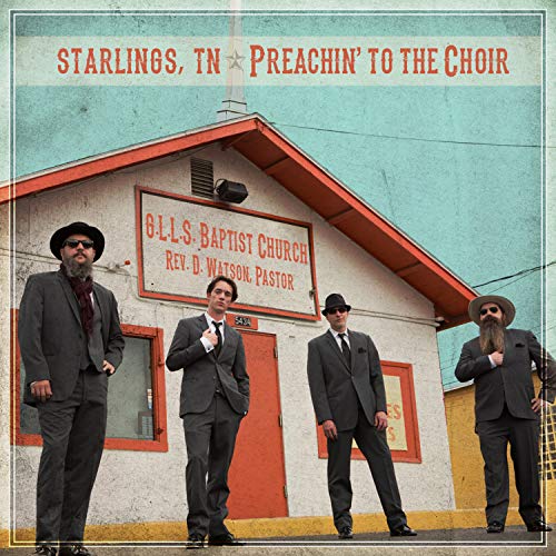CD cover featuring four men in suits standing in front of a church.
