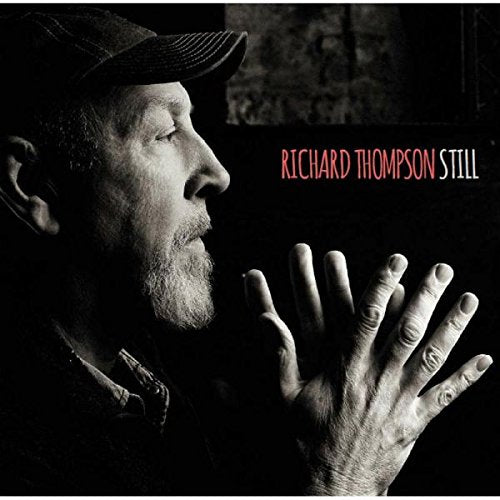 "Album cover with a black and white photo of Richard Thompson and red text."