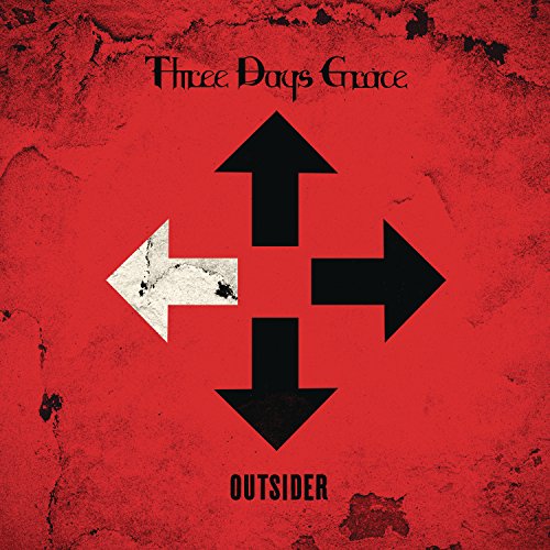 Three Days Grace Outsider album cover with four arrows on a textured red background.