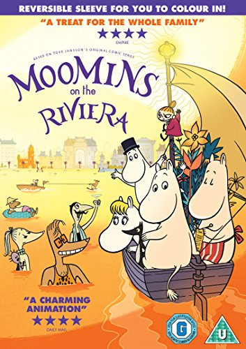 Moomins on the Riviera" DVD cover featuring characters in a boat.