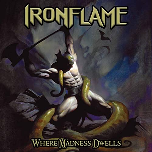 A muscular warrior fights a giant serpent in this dark, painted fantasy album cover.