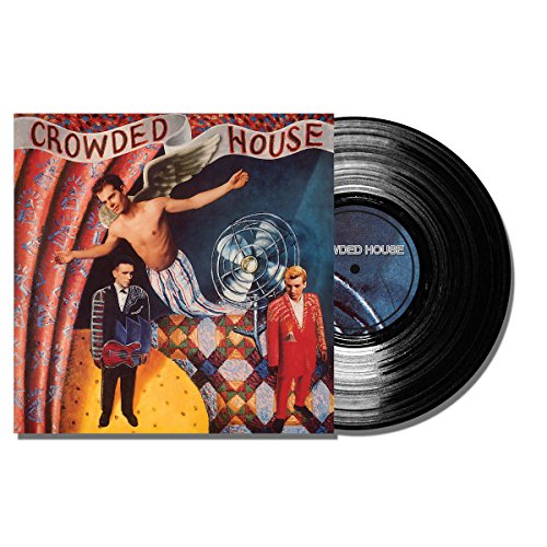Crowded House album cover and black vinyl record, surrealist artwork.