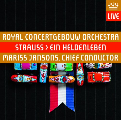 "CD cover with colorful toy cannons and red, white, and blue ribbon on black background."