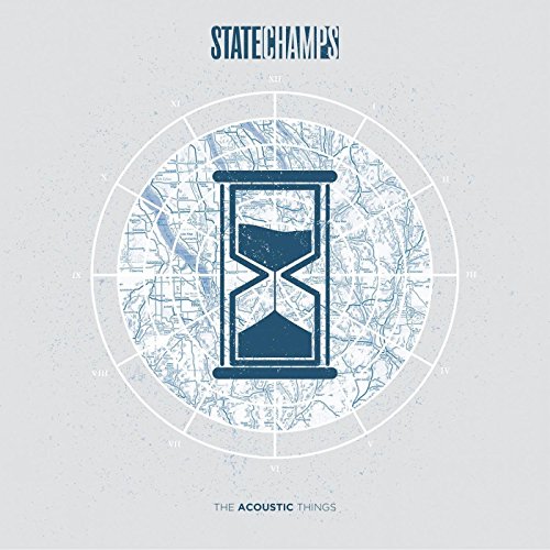 "Album cover with hourglass and clock face on light grey background, titled 'State Champs'."