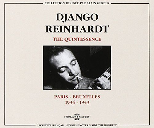"Django Reinhardt album cover with a black and white photo of him playing guitar."