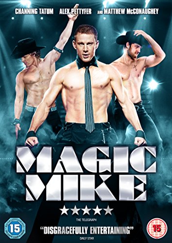 DVD cover for "Magic Mike" featuring three shirtless men wearing black hats and pants.