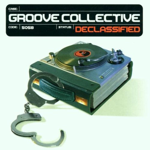 "Album cover featuring a record player with handcuffs on a light green background."