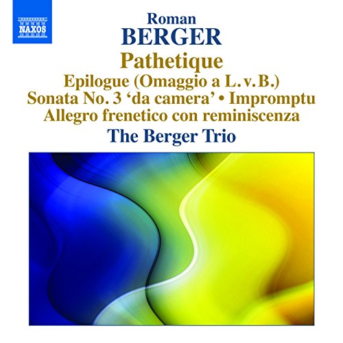 "Album cover with blue and yellow abstract design, white background, and text listing musical compositions."
