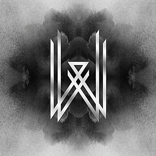 Wovenwar album cover: abstract silver symbol on a dark, textured background.