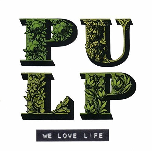 The image shows a vinyl album cover with green floral lettering on a white background.