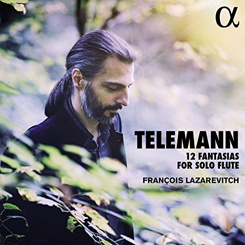 CD case with a man surrounded by foliage and text "Telemann 12 Fantasias for Solo Flute".