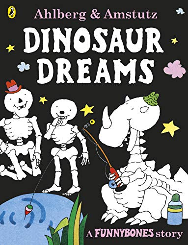 "Dinosaur Dreams" book cover featuring skeletons of a dinosaur and two people fishing.