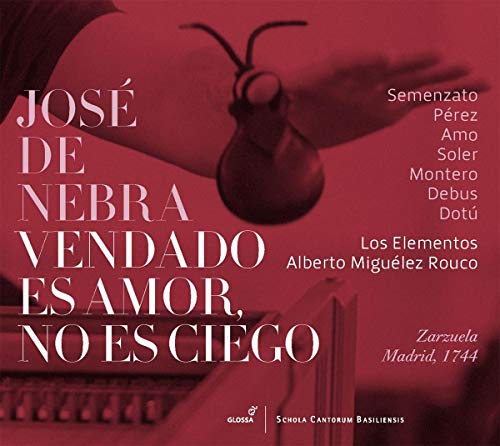 Red-tinted CD cover with white text, featuring a harpsichord and a blindfolded figure.