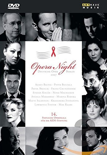 "Black and white DVD cover featuring opera singers and red ribbon logo."