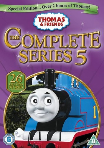 "Thomas the Train on a DVD case cover with purple background and gold text."