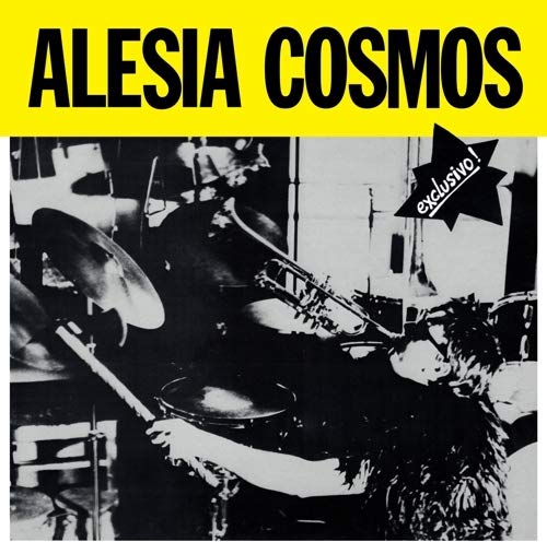 Black and white photo of a drummer performing, with text and a starburst.