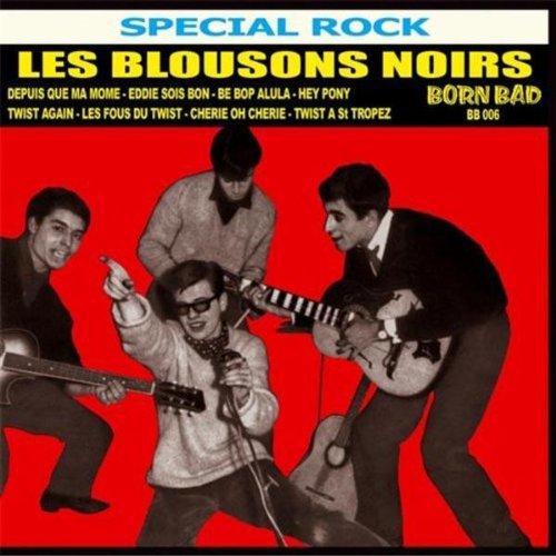 "CD cover with black and white band image on red background."