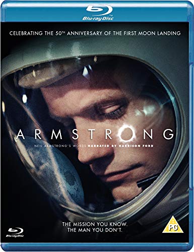 "Blu-ray case with astronaut's face visible through helmet, titled 'Armstrong'."