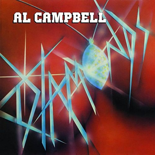 "Album cover with red background, blue shards, and a diamond."
