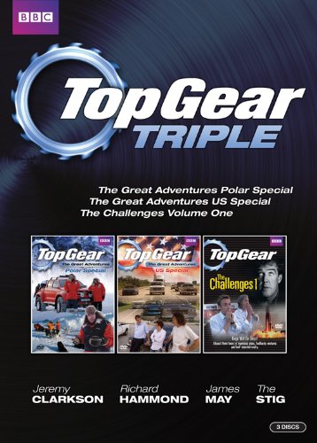 "Top Gear Triple DVD cover featuring three discs with car-themed images and BBC logo."