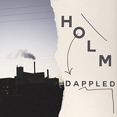 Album cover for Holm’s “Dappled” with industrial skyline and torn paper effect.