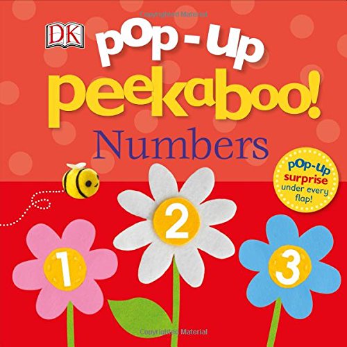"Children's book cover with colorful flowers and a bee on a red background."