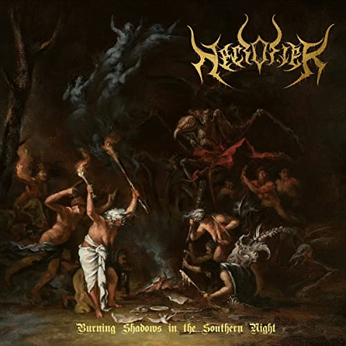 Dark album cover depicting a ritual scene with figures and flames.