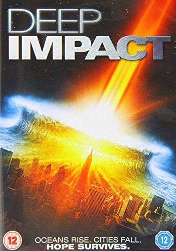 "Deep Impact DVD cover featuring a cityscape engulfed by a massive tsunami and comet."