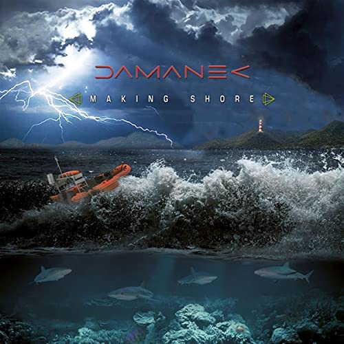CD cover: stormy sea, small boat, sharks, and coral reef.