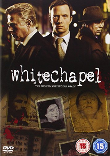 DVD cover for "Whitechapel" featuring three men and newspaper cutouts with a dark tone.