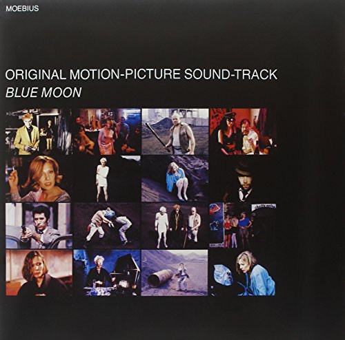 "Black vinyl record cover with 12 film stills and white text."