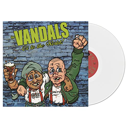 Oi To The World" vinyl record cover with cartoon figures and white disc.
