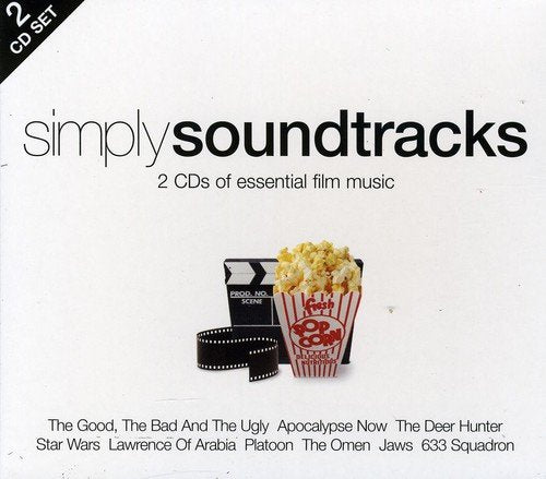 "CD cover with 'simply soundtracks' title, film reel, and popcorn on a white background."