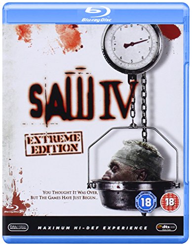 Saw IV Blu-ray cover with a hanging figure and a scale.