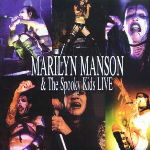 "CD cover featuring Marilyn Manson in various provocative stage poses."