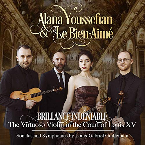 "CD cover featuring four musicians with violins in an ornate, gold-toned, baroque-style hall."