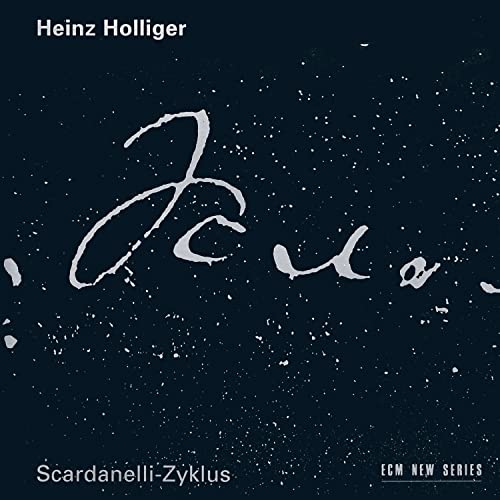 CD cover for Heinz Holligerâs âScardanelli-Zyklusâ with abstract white script.