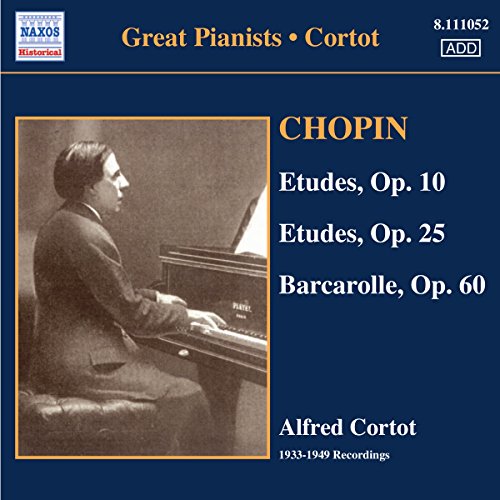 CD cover with Alfred Cortot playing piano, featuring Chopin Etudes and Barcarolle.