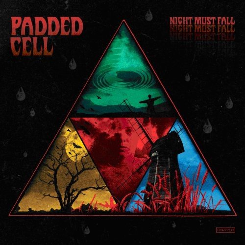 "Padded Cell album cover with a triangle divided into three dark landscape scenes."