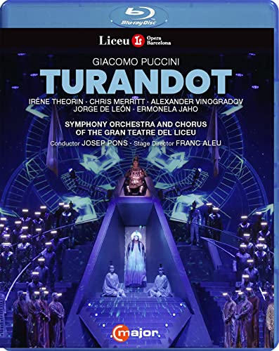 Blu-ray cover for Puccini’s opera Turandot, featuring performers and stage design.