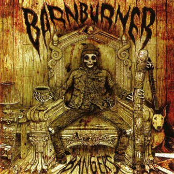 "Album cover art featuring a skeleton seated on a throne, surrounded by chaotic elements."