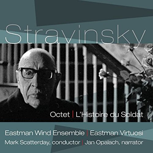 "CD cover with a black and white photo of Stravinsky and musical ensemble details."
