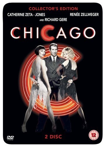 "DVD cover for 'Chicago' featuring Catherine Zeta-Jones, Renée Zellweger, and Richard Gere."