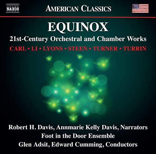 CD cover for "Equinox" featuring abstract green light patterns and text.
