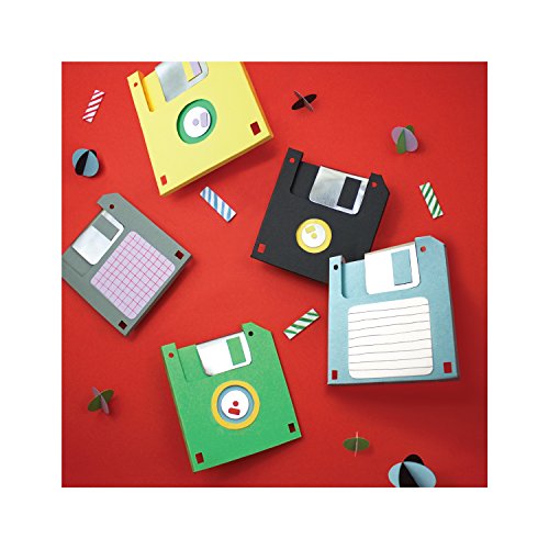 The image shows four floppy disks in different colors on a red background. "Four colorful floppy disks scattered on a red background with confetti pieces."