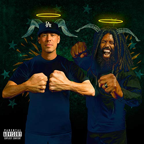 "Album cover featuring two men with halos and devil horns, fists clenched."