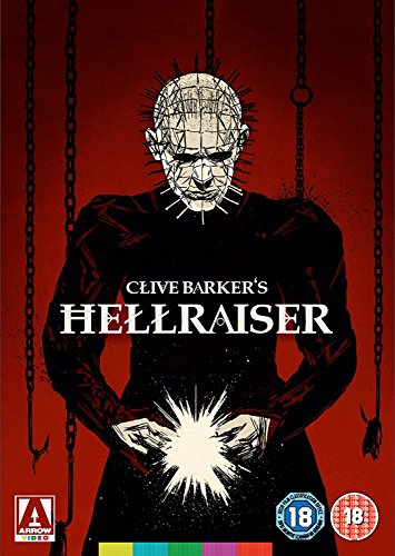 Hellraiser DVD cover featuring Pinhead with a grid-patterned head and sharp pins against a red background.