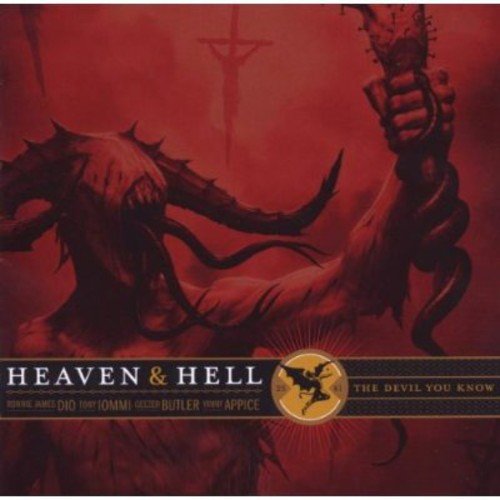 "Album cover art with a dark, red-toned demon holding a sword, titled 'Heaven & Hell'."