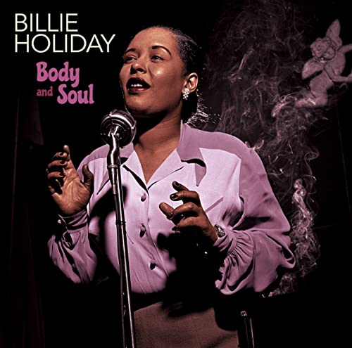 Billie Holiday singing into a vintage microphone, smoky atmosphere.