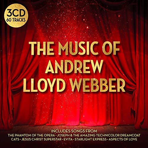 Red stage curtains with gold text "The Music of Andrew Lloyd Webber" on album cover.